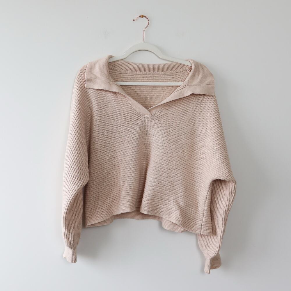Collared Vneck Cropped Knit Sweater Beige Medium
